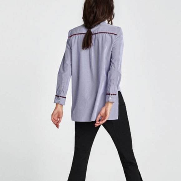 Zara Blue Stripe Shirt w/ Pom-Pom Embellishment S - Picture 2 of 7